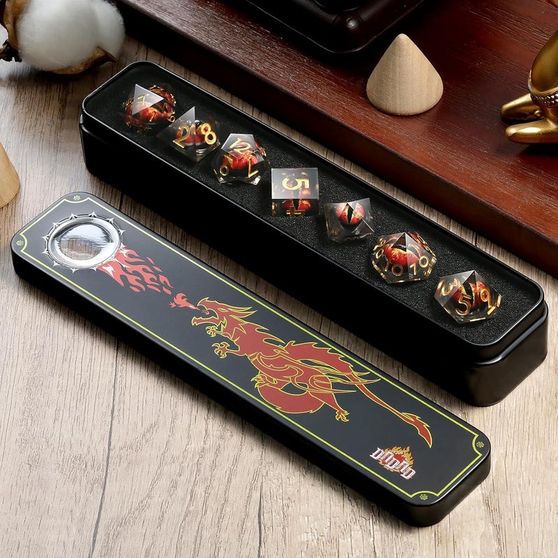 DNDND Resin Dragon Eye Dice Set, 7PCS Sharp Edge D&D Dice with Gorgeous Gift Case for Dungeons and Dragons Talbel Game (Red Dragon Eye) - Image 3